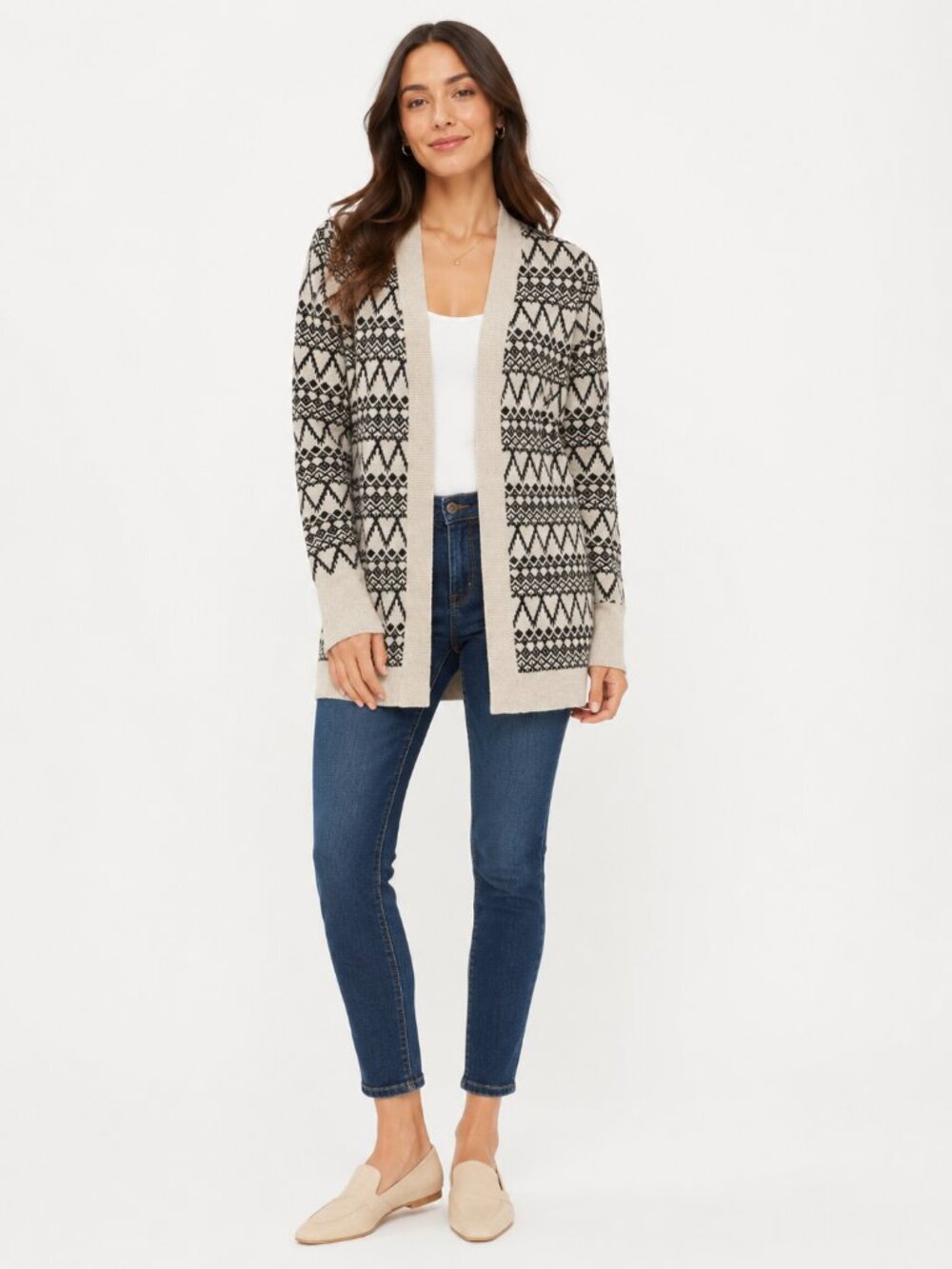 LOFT Fair Isle Open Front Cardigan Sweater Women’s Small Black Cream Wool Blend